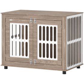 PawHut 39" Dog Crate Furniture with 2 Doors, Adjustable Non-slip Foot Mats, for Large Dogs, Walnut Brown