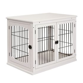 PawHut 26" Wooden Dog Cage Dog Crate Furniture, Indoor Dog Kennel, Dog Cage End Table with 2 Lockable Doors Entrance & Top Shelf, White