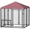 Welded Wire Outdoor Dog Kennel with 360Â° Rotating & 4 Levels Adjustable Bowls, Waterproof Cover, 4.6' x 4.6' x 5'