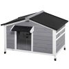 Wooden Cabin Style Outdoor Dog House with Openable Roof, Removable Bottom, Windows, Curtain, Foot Covers, Gray