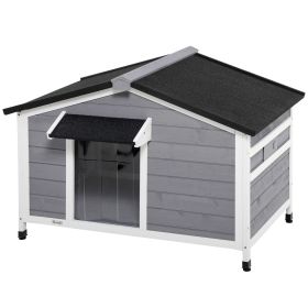 Wooden Cabin Style Outdoor Dog House with Openable Roof, Removable Bottom, Windows, Curtain, Foot Covers, Gray