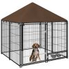 Outside Dog Kennel, 4.6' x 4.6' x 5' Puppy Play Pen with Canopy, Garden Playpen Fence Crate Enclosure Cage with Rotating Bowl, Black
