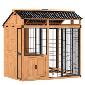 7' x 5' Extra Large Dog House, Wood Outdoor Dog Kennel with Platform, Storage Cabinet for Large Breeds, Yellow