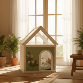 Transparent Roof Wooden Pet House with Floral Carvings FSC Cedar Indoor Shelter for Cats & Small Dogs 63.5Ã—47.5Ã—77.6 cm