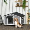Wooden Cabin Style Outdoor Dog House with Openable Roof, Removable Bottom, Windows, Curtain, Foot Covers, Gray