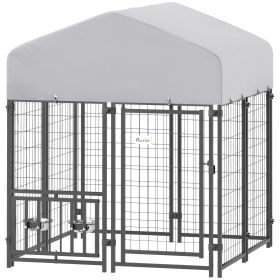 Welded Wire Outdoor Dog Kennel with 360Â° Rotating & 4 Levels Adjustable Bowls, Waterproof Cover (size: 3.9' X 3.9' X 4')