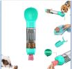 Portable 4-in-1 Pet Water Bottle With Food Storage, Poop Bag Dispenser, and Spoon. 300ml Capacity. Available In Yellow, Pink, Green, and Other Colors.