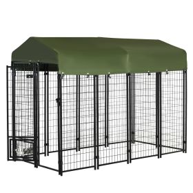 Outdoor Dog Kennel, Lockable Pet Playpen Crate, Welded Wire Steel Fence, Rotating Bowl Holders (Color: Green)